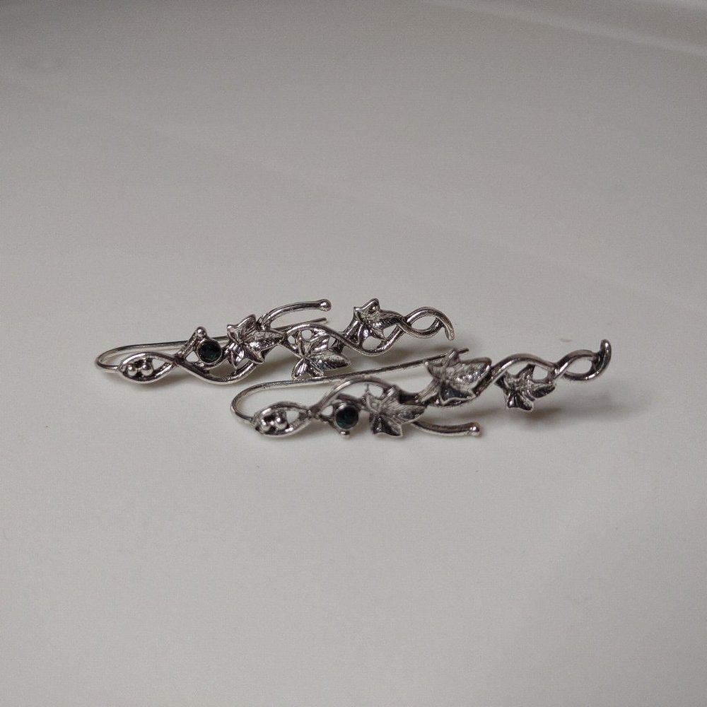 Long Silver Tone Leaf Earrings With Green Stone